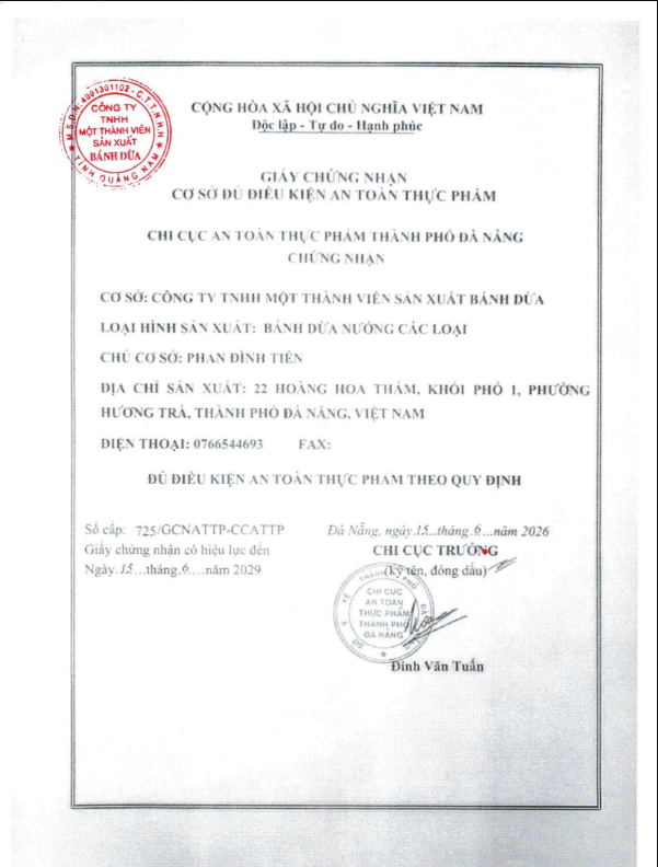 Giấy chứng nhận VSATTP Quỳnh Trân