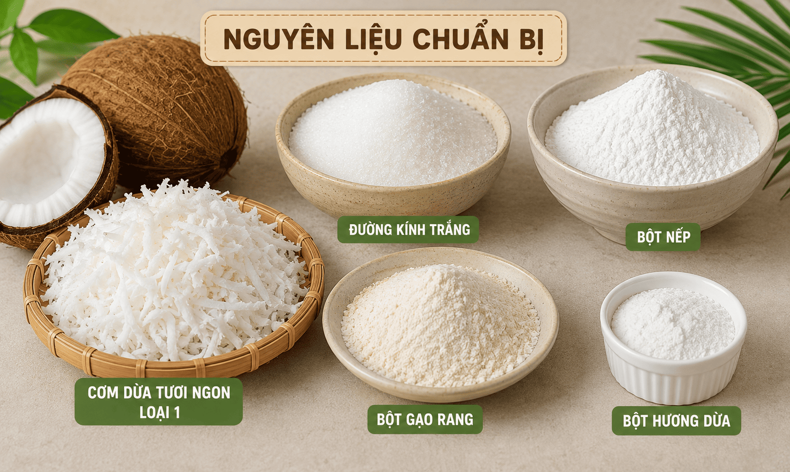 Nguyên liệu dừa tươi và bột nếp
